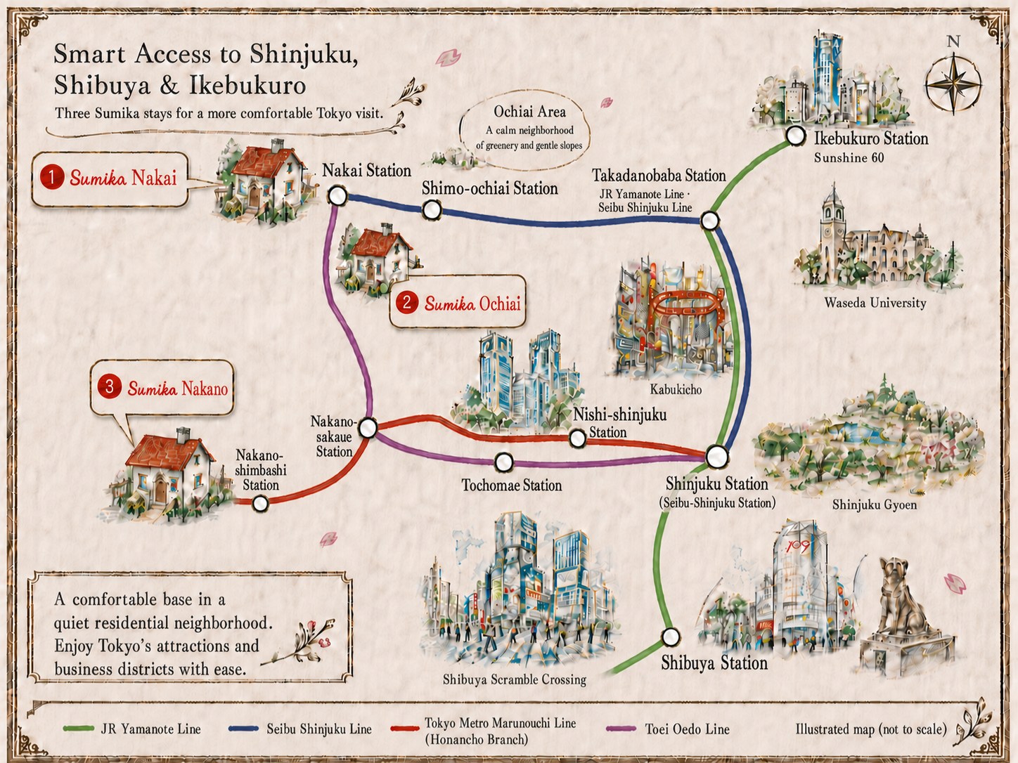 Illustrated map of west Tokyo showing the three Sumika houses, their nearest stations, and the rail lines to Shinjuku, Ikebukuro and Shibuya.